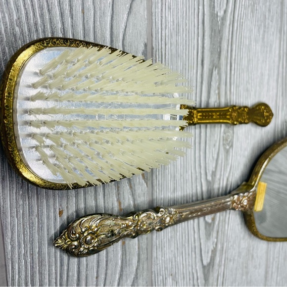 Rare 1950s Matson Vanity Hand Mirror Hair Brush Set rose flower 24k Gold Plated - Picture 7 of 16